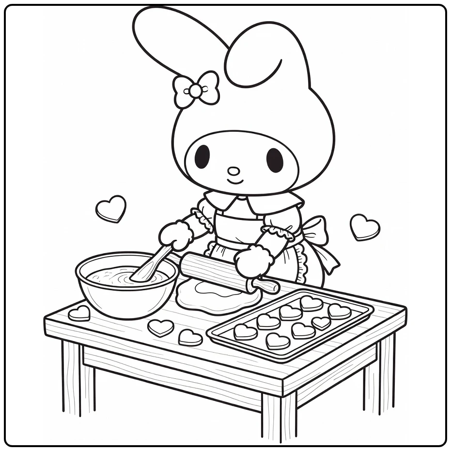 My Melody kleurplaat koekjes bakken met schort en bakgerei