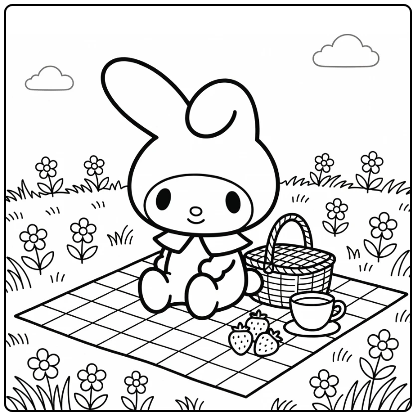 My Melody kleurplaat: picknick in park met aardbeien