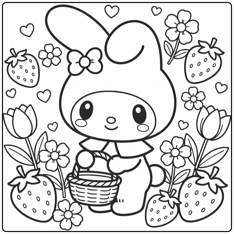 my melody kleurplaat cute met aardbeien bloemen hartjes