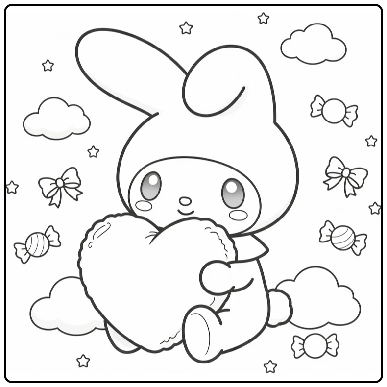 my melody kleurplaat cute knuffelt hartkussen met sterren