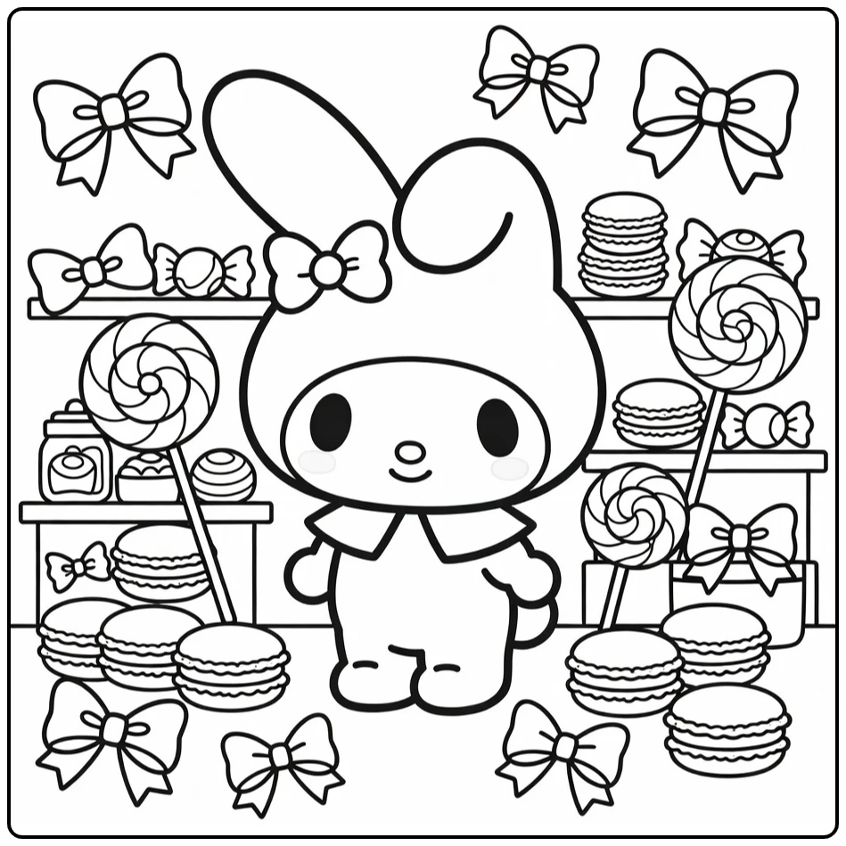 my melody kleurplaat cute in knusse snoepwinkel met macarons