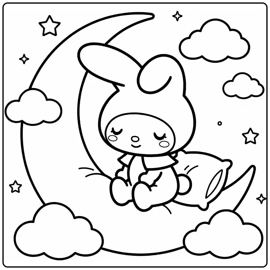 my melody kleurplaat cute op halve maan met wolken sterren