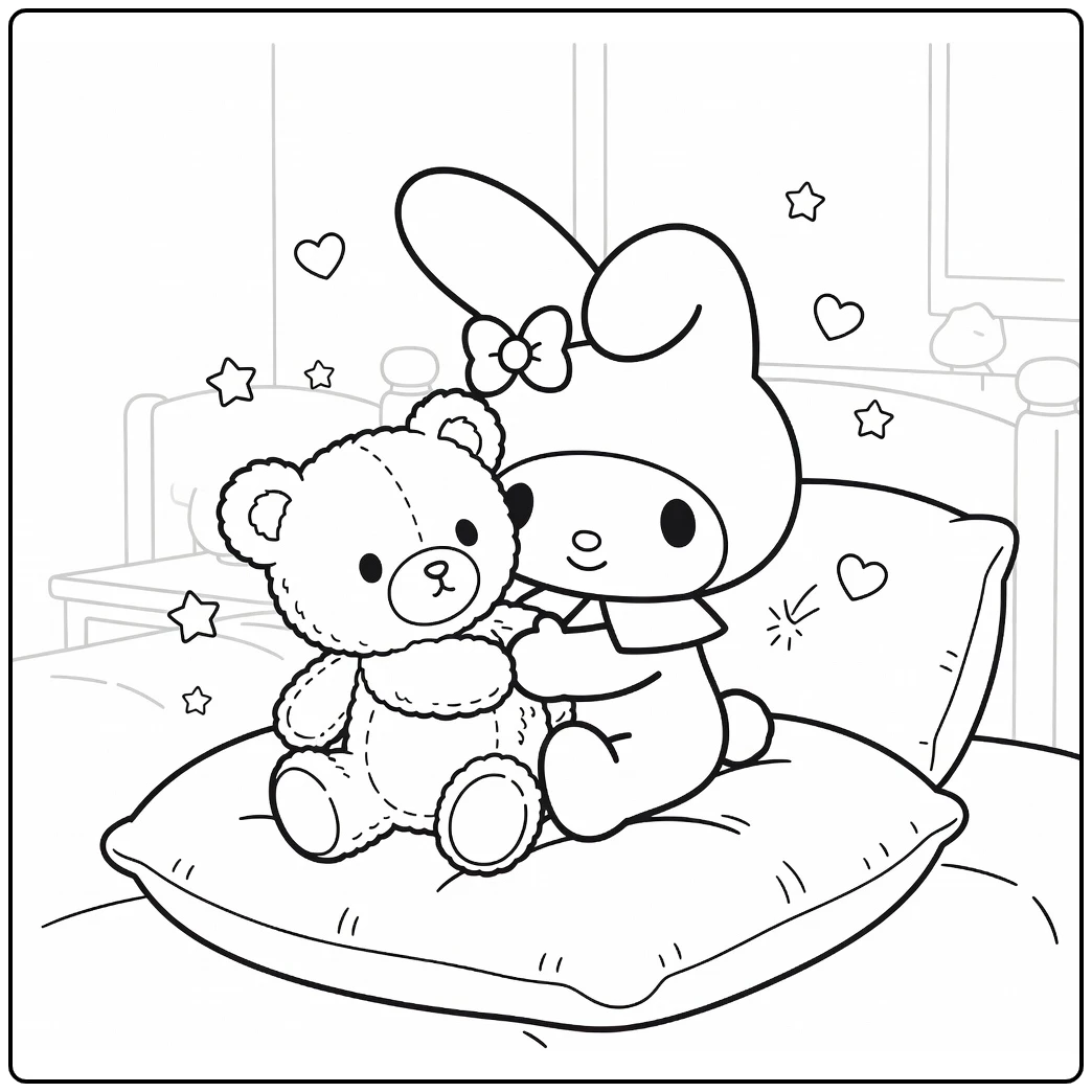 my melody kleurplaat: knuffelt teddybeer op kussen met hartjes