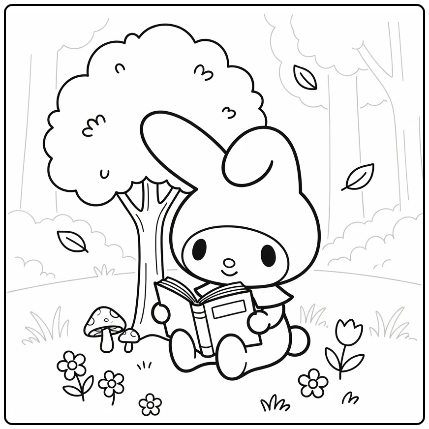 my melody kleurplaat met My Melody lezend onder boom