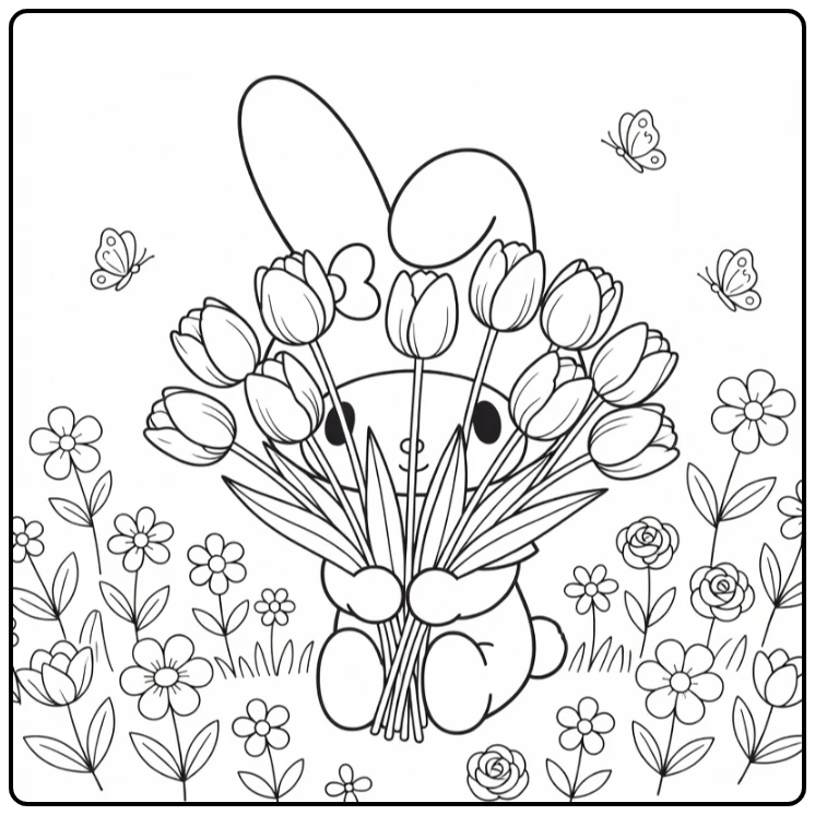 my melody kleurplaat met tulpenboeket in bloementuin