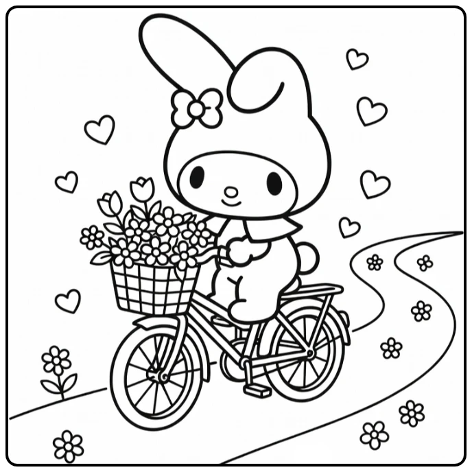 My Melody kleurplaat: fietsend met bloemenmand, madeliefjes