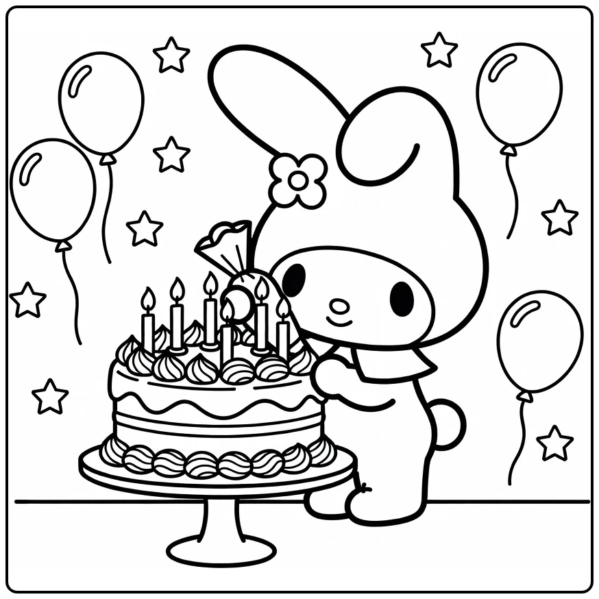 my melody kleurplaat: My Melody versiert taart met kaarsjes