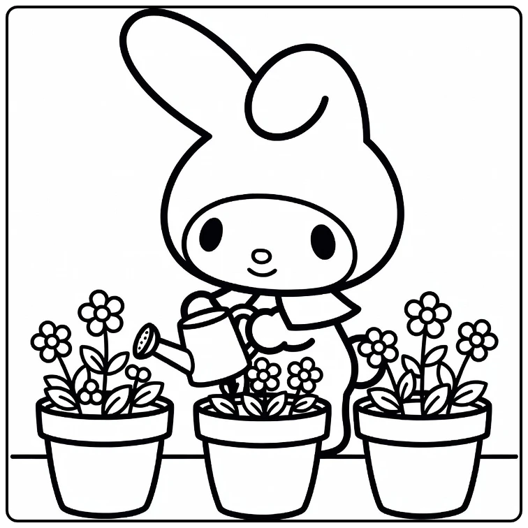 My Melody kleurplaat: waterend potbloemen met gieter
