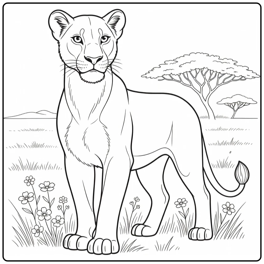 Nala kleurplaat: gracieus in savanne met bloemen en boom