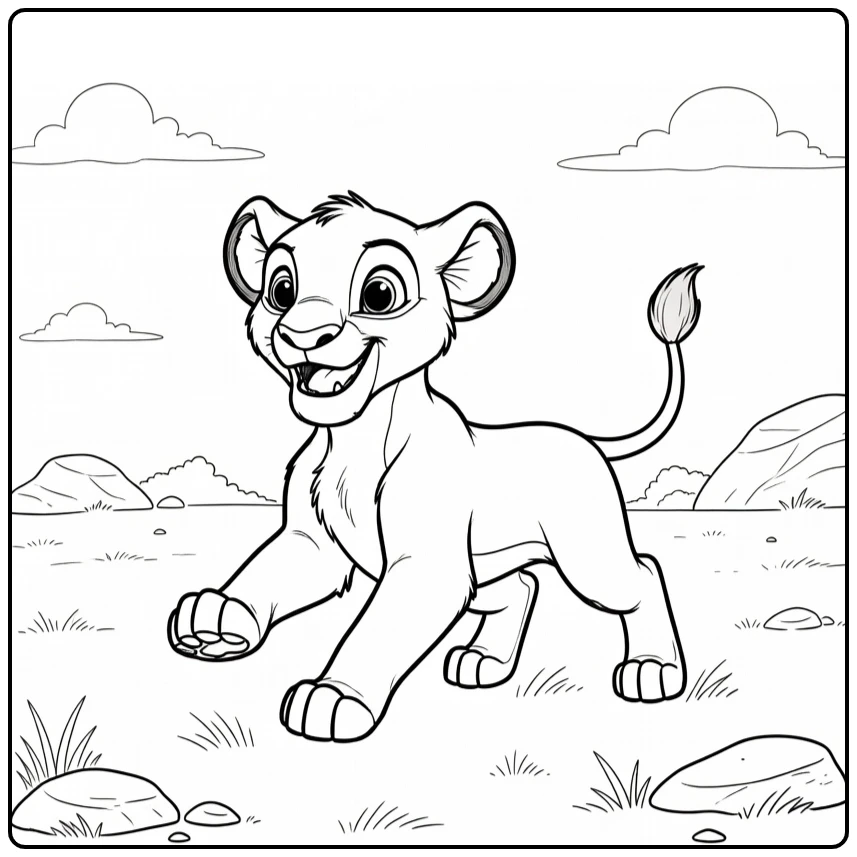 Nala kleurplaat: speels rennende Nala met vrolijke blik