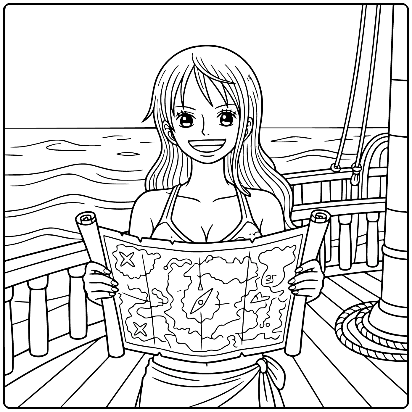 Nami kleurplaat: glimlachende Nami met kaart op dek