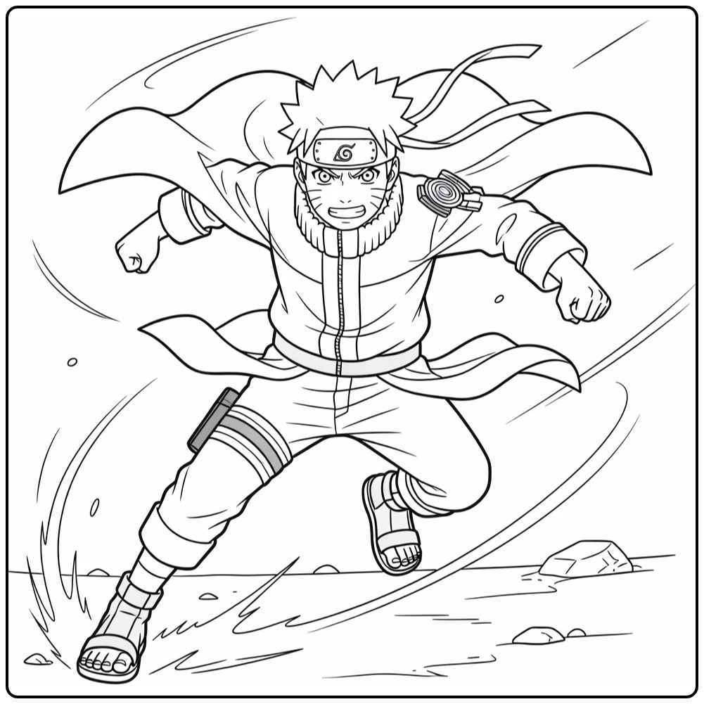 Naruto kleurplaat: Naruto Uzumaki rent dynamisch de strijd in