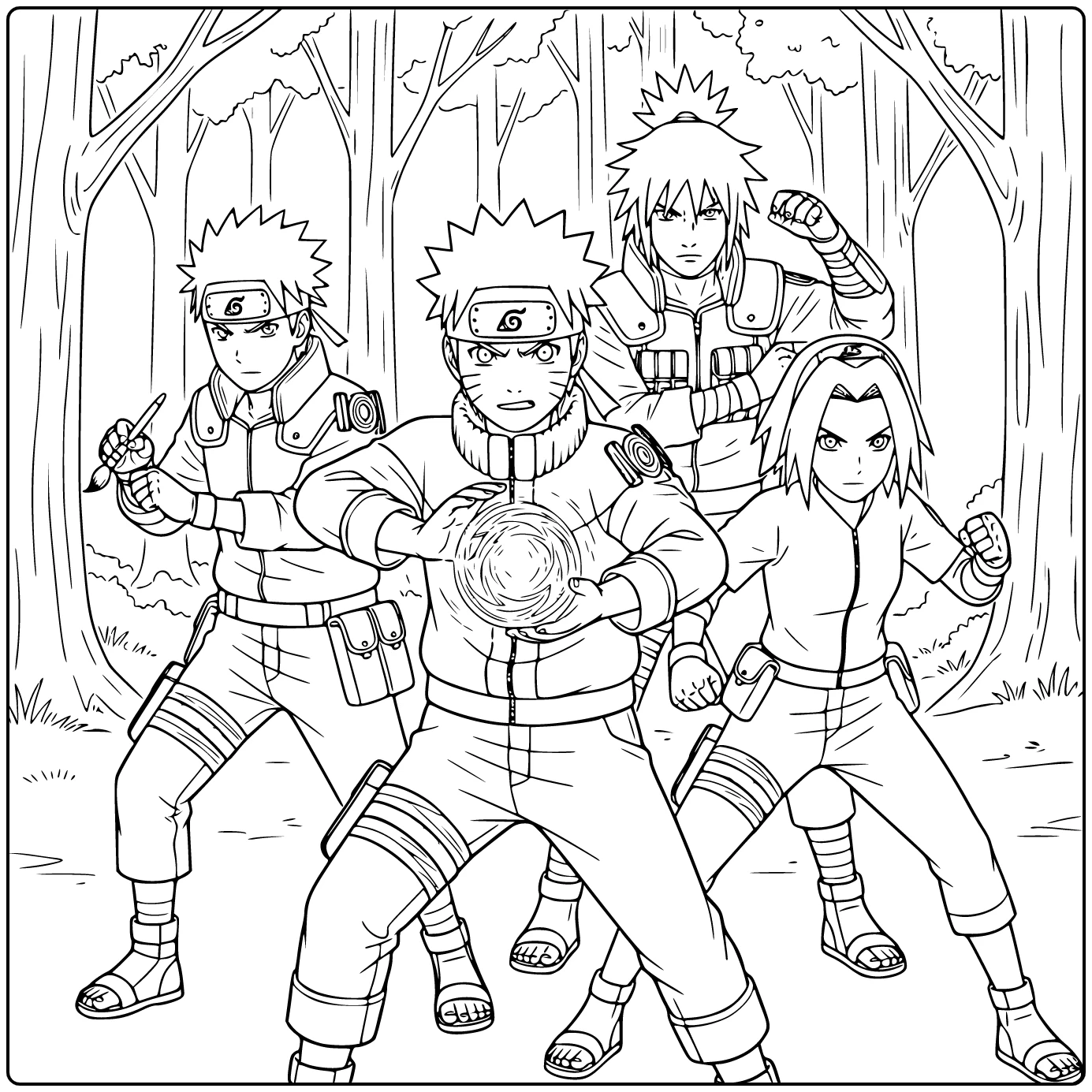 Naruto kleurplaat: Naruto bereidt Rasengan met Sai, Yamato