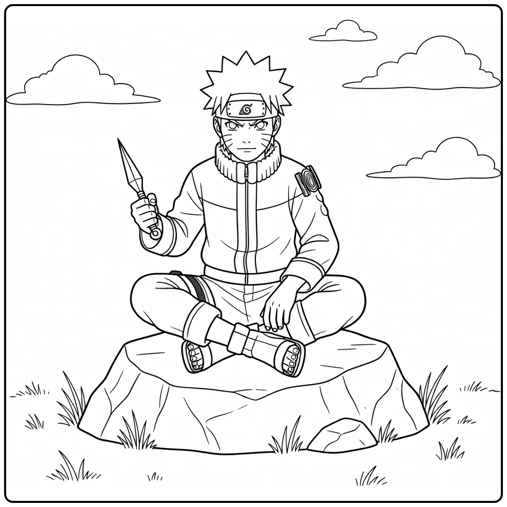 Naruto kleurplaat: Naruto Uzumaki op rots met kunai, vastberaden
