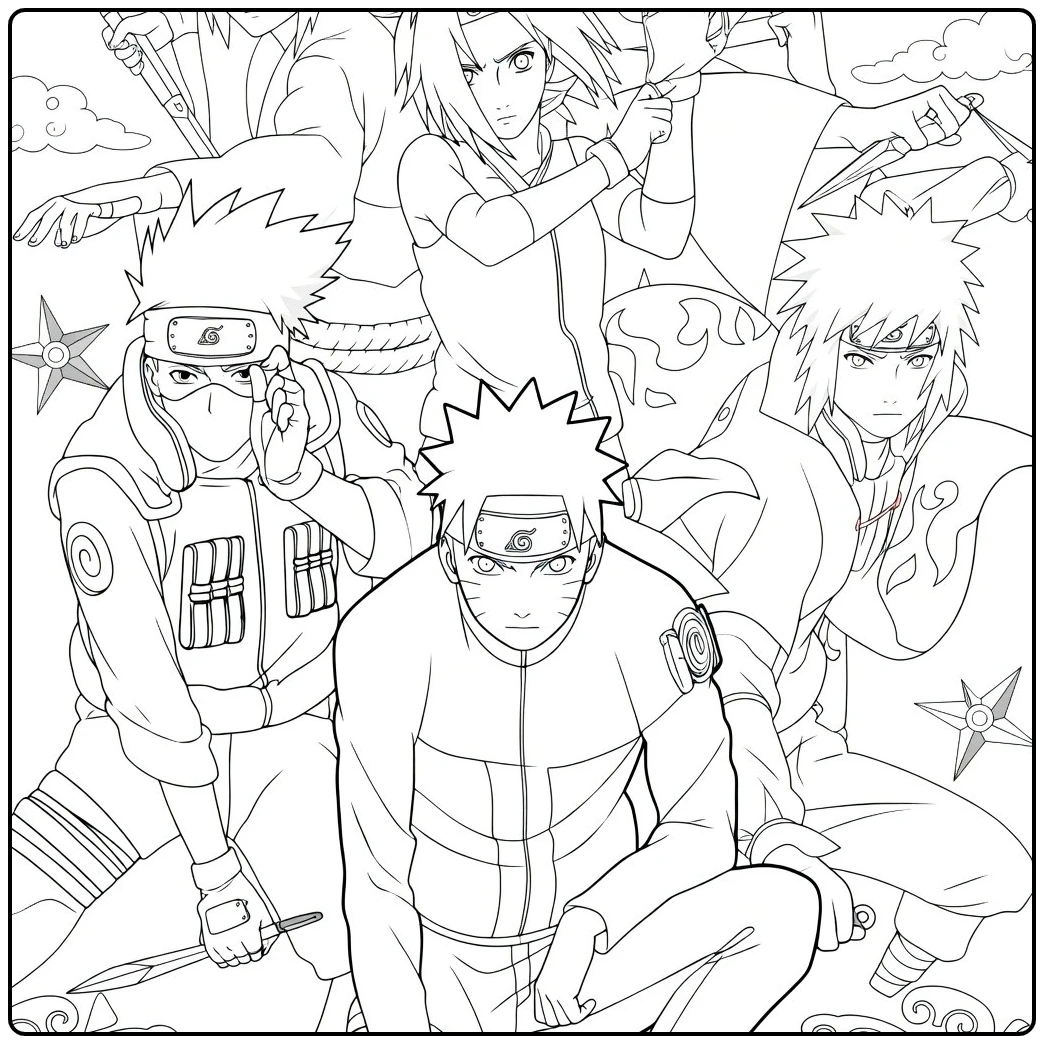 Naruto kleurplaat line art voor kids, zwart-wit