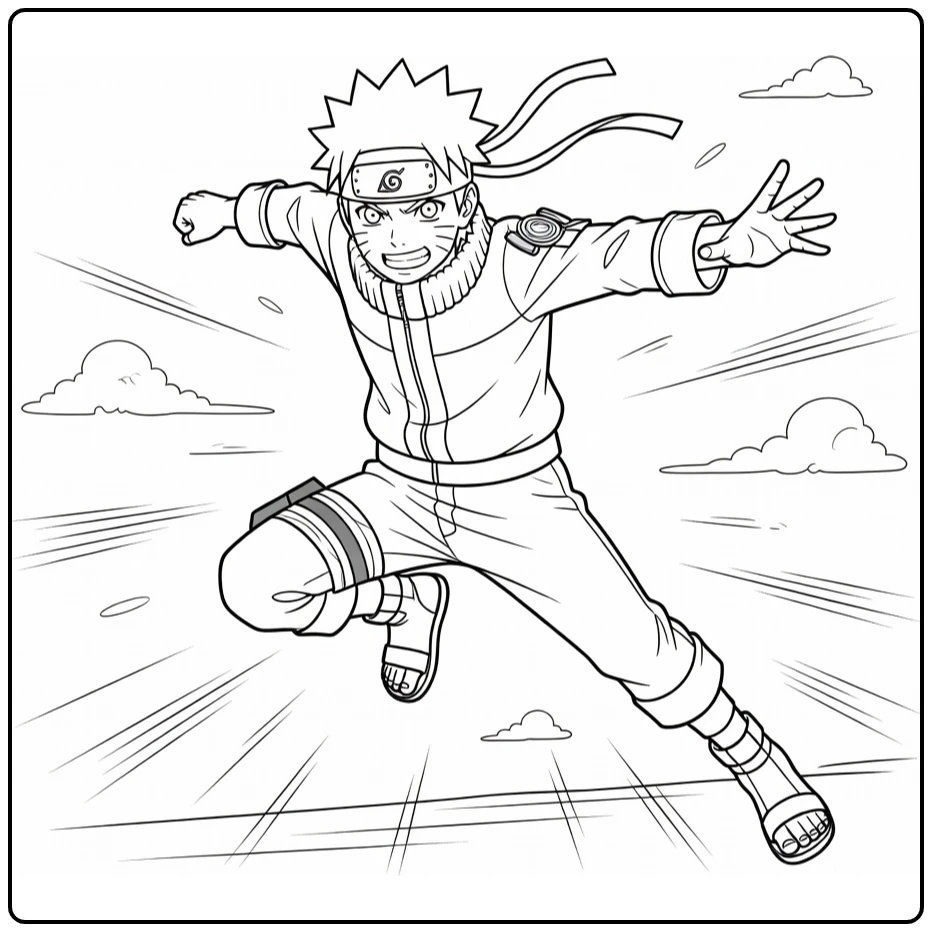 Naruto kleurplaat: Naruto springt hoog met arm vooruit
