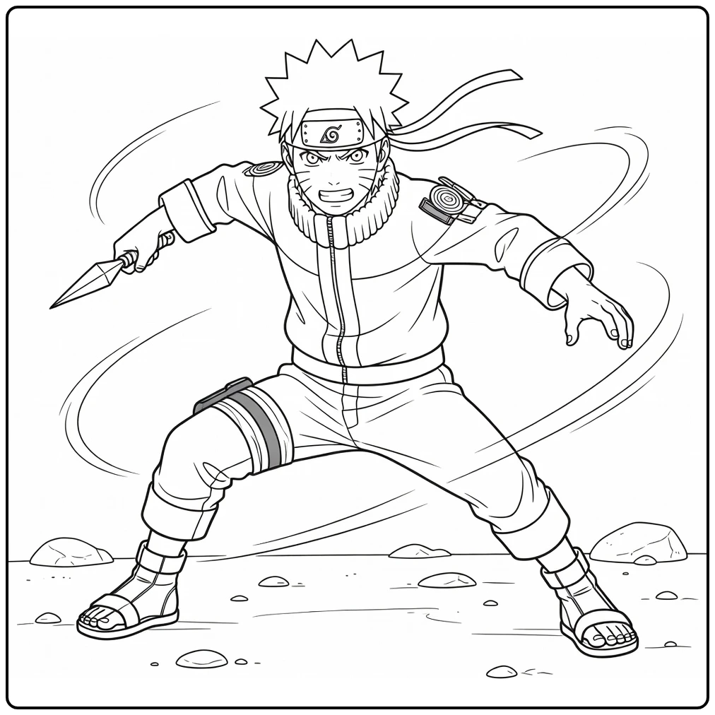 Naruto kleurplaat: Naruto hurkend met kunai in ninja pose