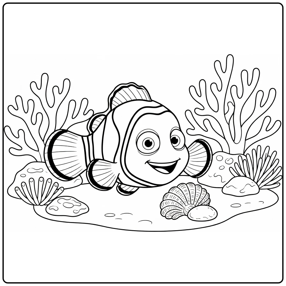 nemo kleurplaat: lachende Nemo bij schelpenschat en rif