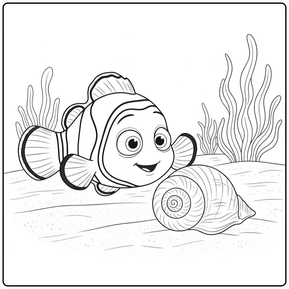 Nemo kleurplaat: nieuwsgierige Nemo bij schelp op zeebodem
