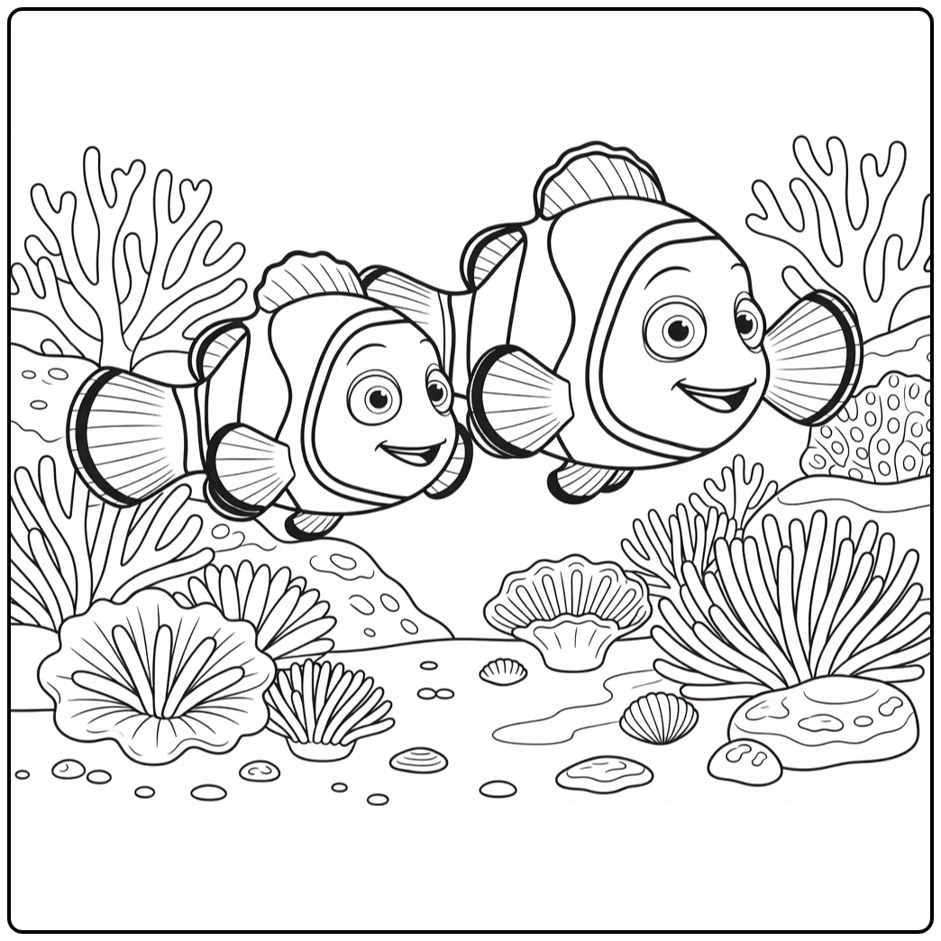 Nemo kleurplaat: Nemo zwemt naast Marlin bij rif
