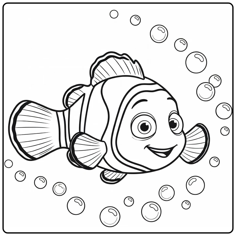 Nemo kleurplaat: speelse Nemo draait door bubbels met vinnen