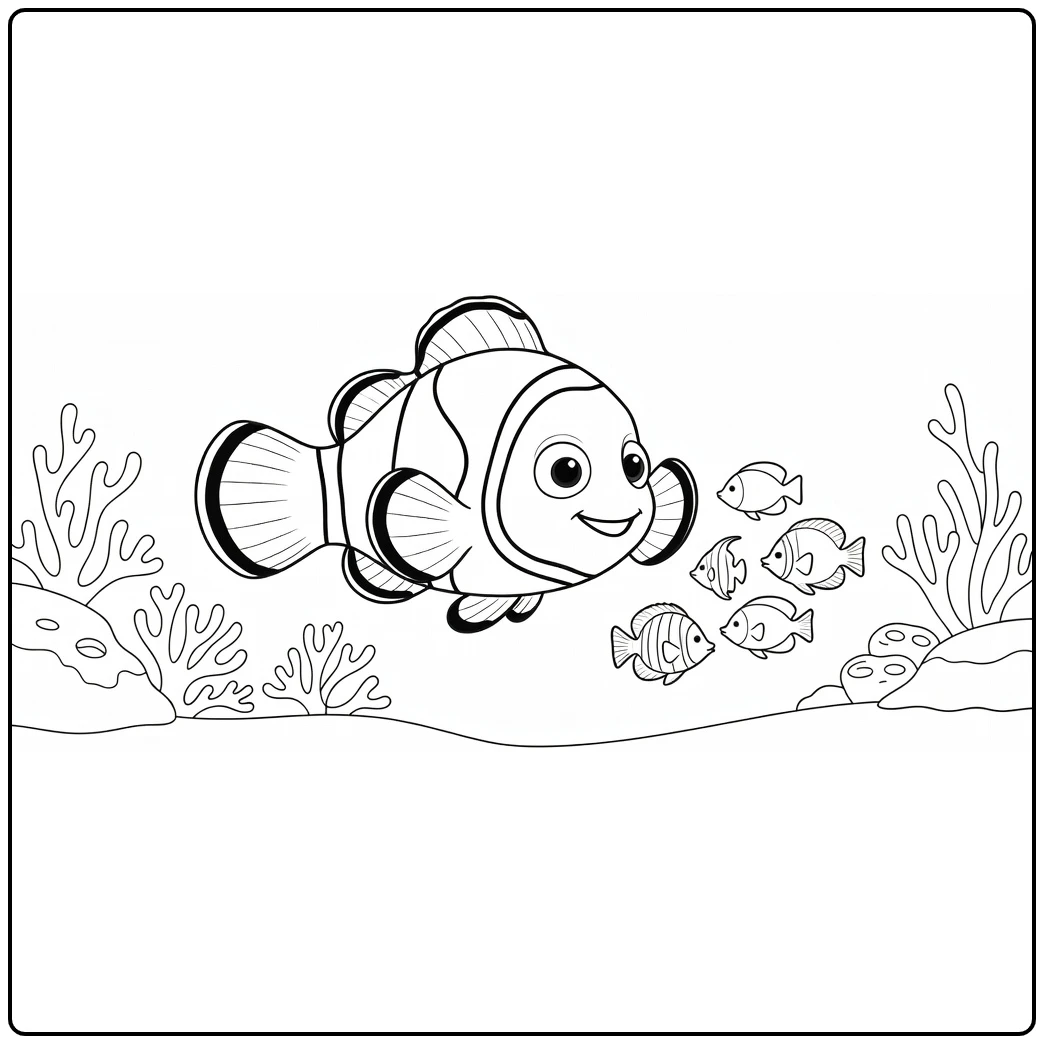 Nemo kleurplaat: Nemo met rifvissen silhouetten