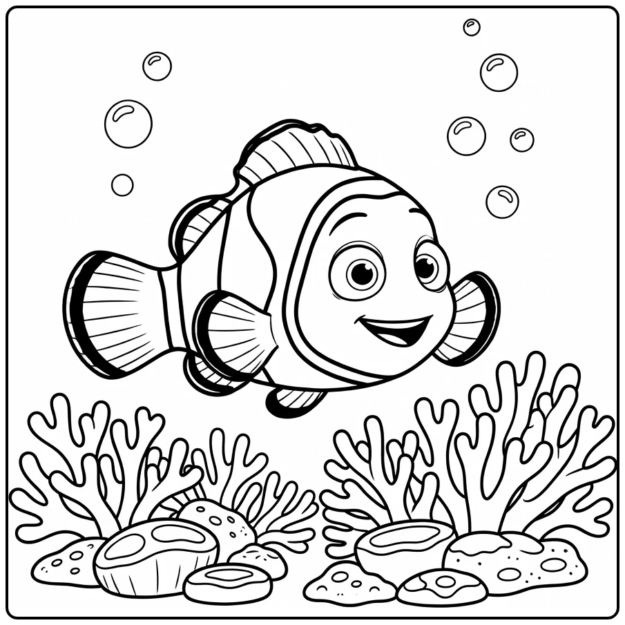 Nemo kleurplaat: Nemo zwemt zelfverzekerd bij koraalrif