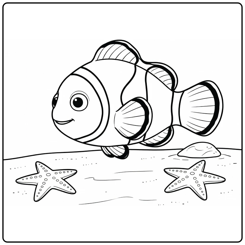 Nemo kleurplaat: Nemo zwemt boven zandbodem met zeesterren