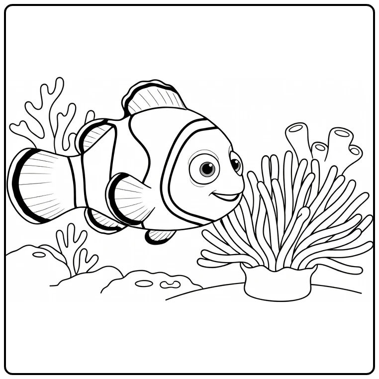 Nemo kleurplaat: Nemo bij zeeanemoon en koraal