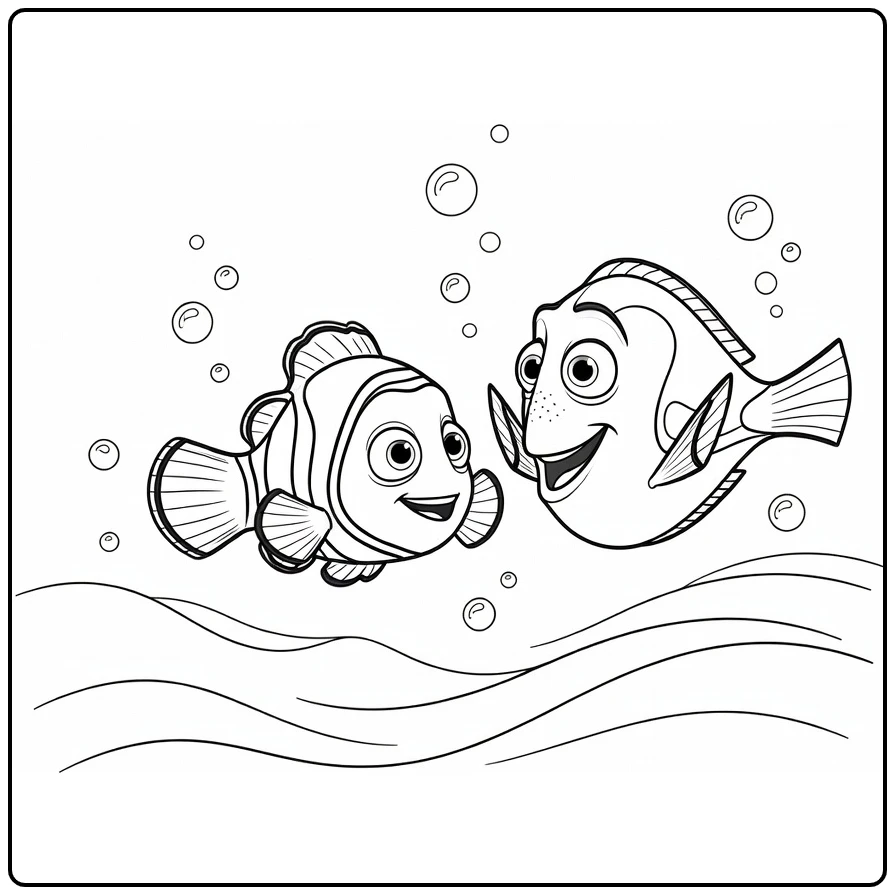 Nemo kleurplaat: Nemo ontmoet Dory met bellen en golven