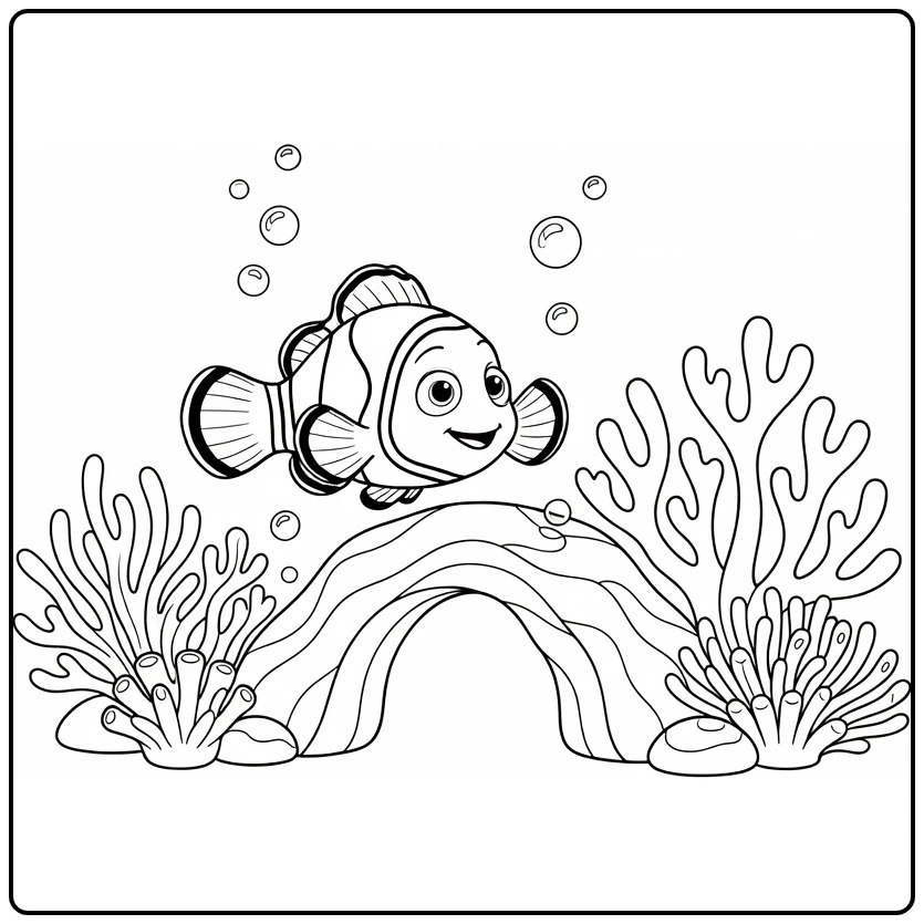Nemo kleurplaat: Nemo bij koraalboog met planten, bubbels