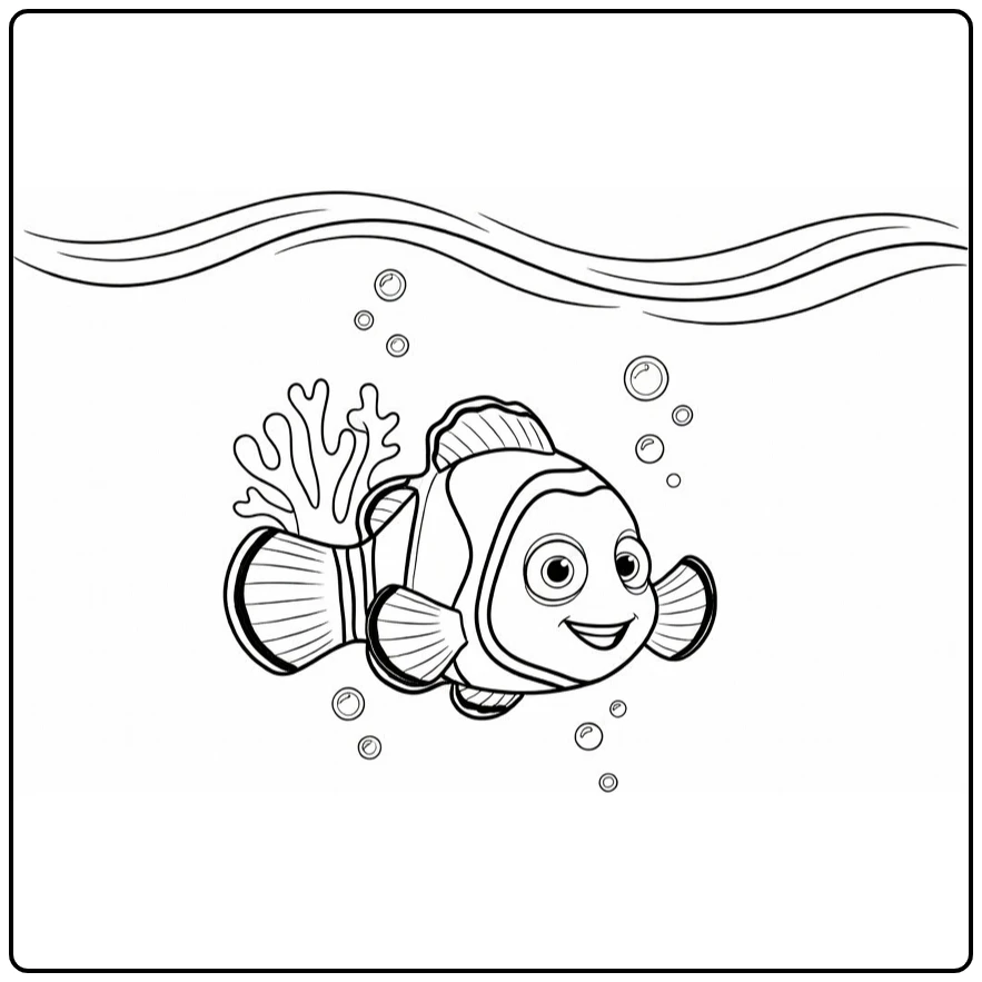 Nemo kleurplaat: Nemo zwemt onder oceaanstroom met bubbels