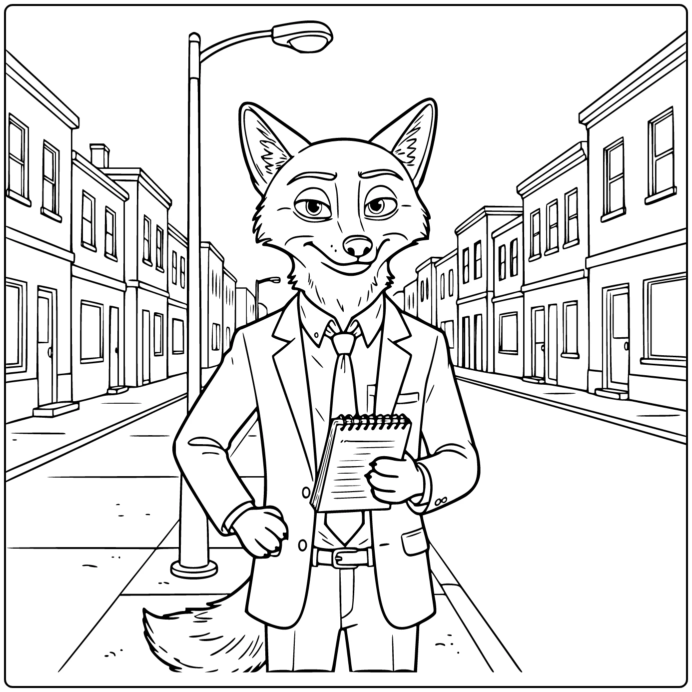 Nick Wilde Kleurplaat: detective met notitieboekje onder boom