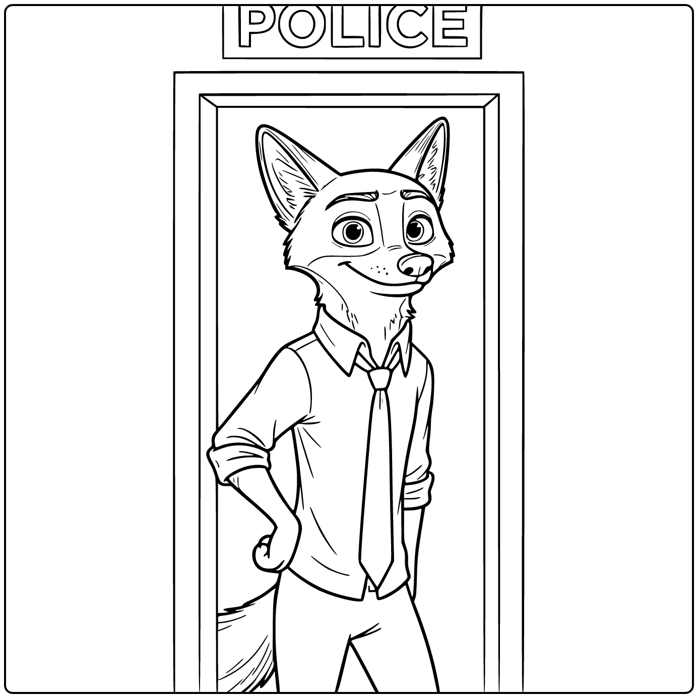 Nick Wilde Kleurplaat leunt nonchalant tegen politiedeuur