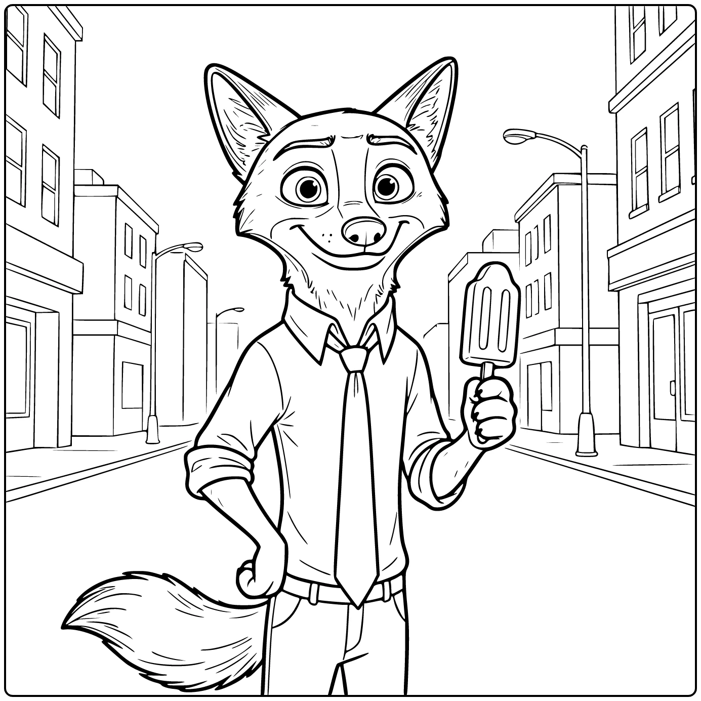 Nick Wilde Kleurplaat zelfverzekerd in stadstraat