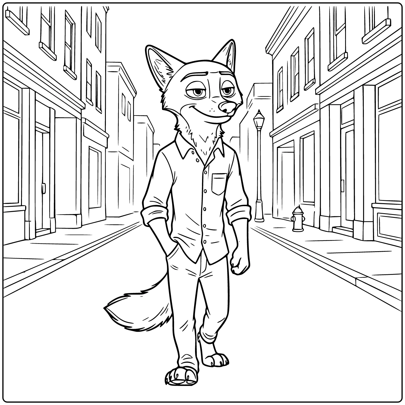 Nick Wilde Kleurplaat: wandelend door stadstraat, poot in zak