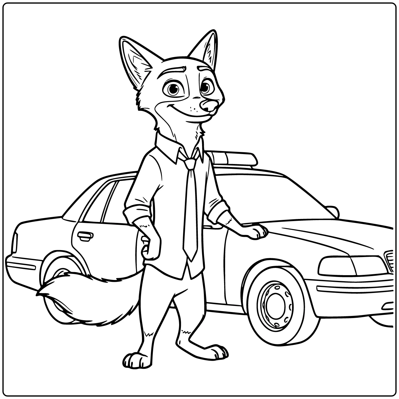 Nick Wilde Kleurplaat staand bij politiewagen, poot op deur