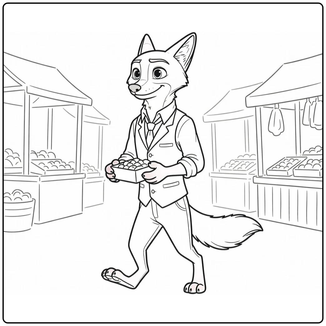 Nick Wilde Kleurplaat wandelt door markt met doosje snoepjes
