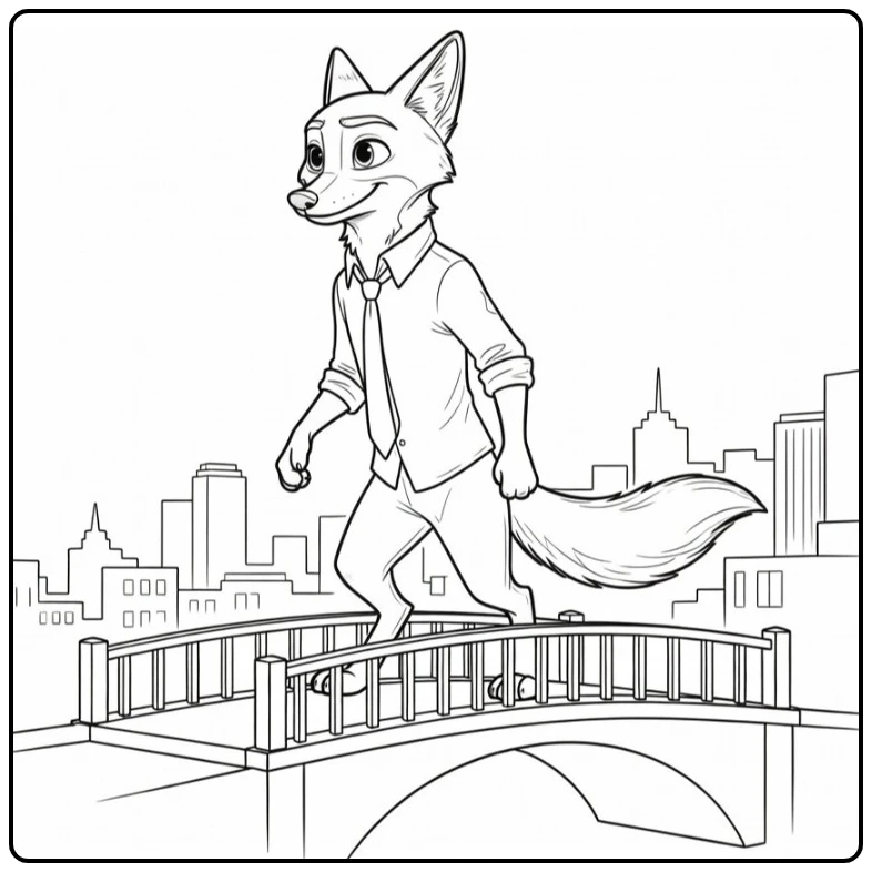 Nick Wilde Kleurplaat: vos oversteken stadbrug ontspannen stappen