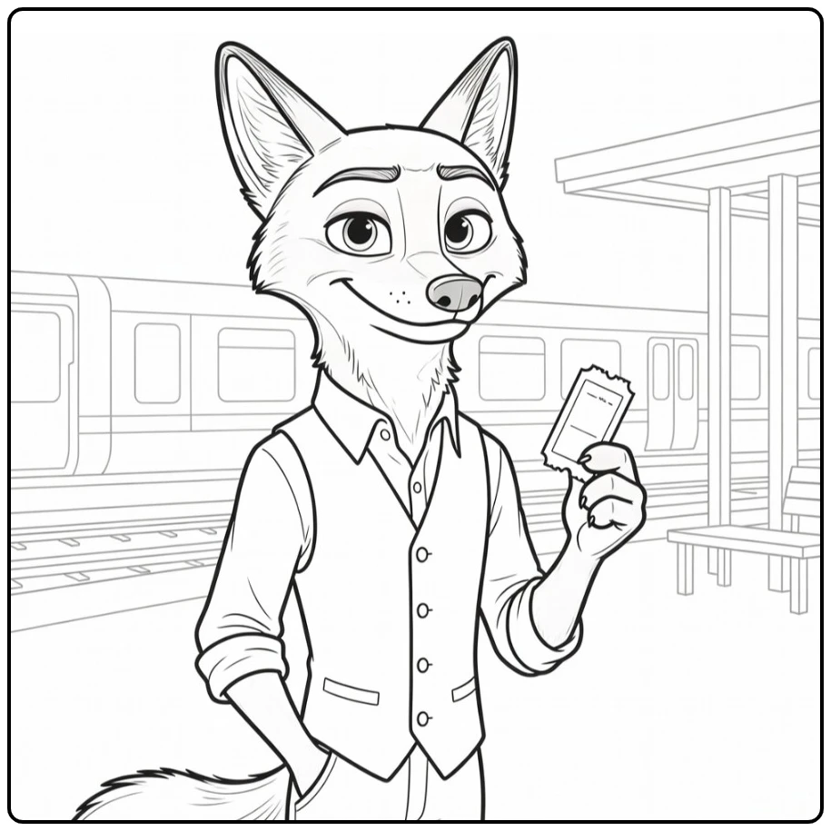 Nick Wilde Kleurplaat in treinstation, poot in zak