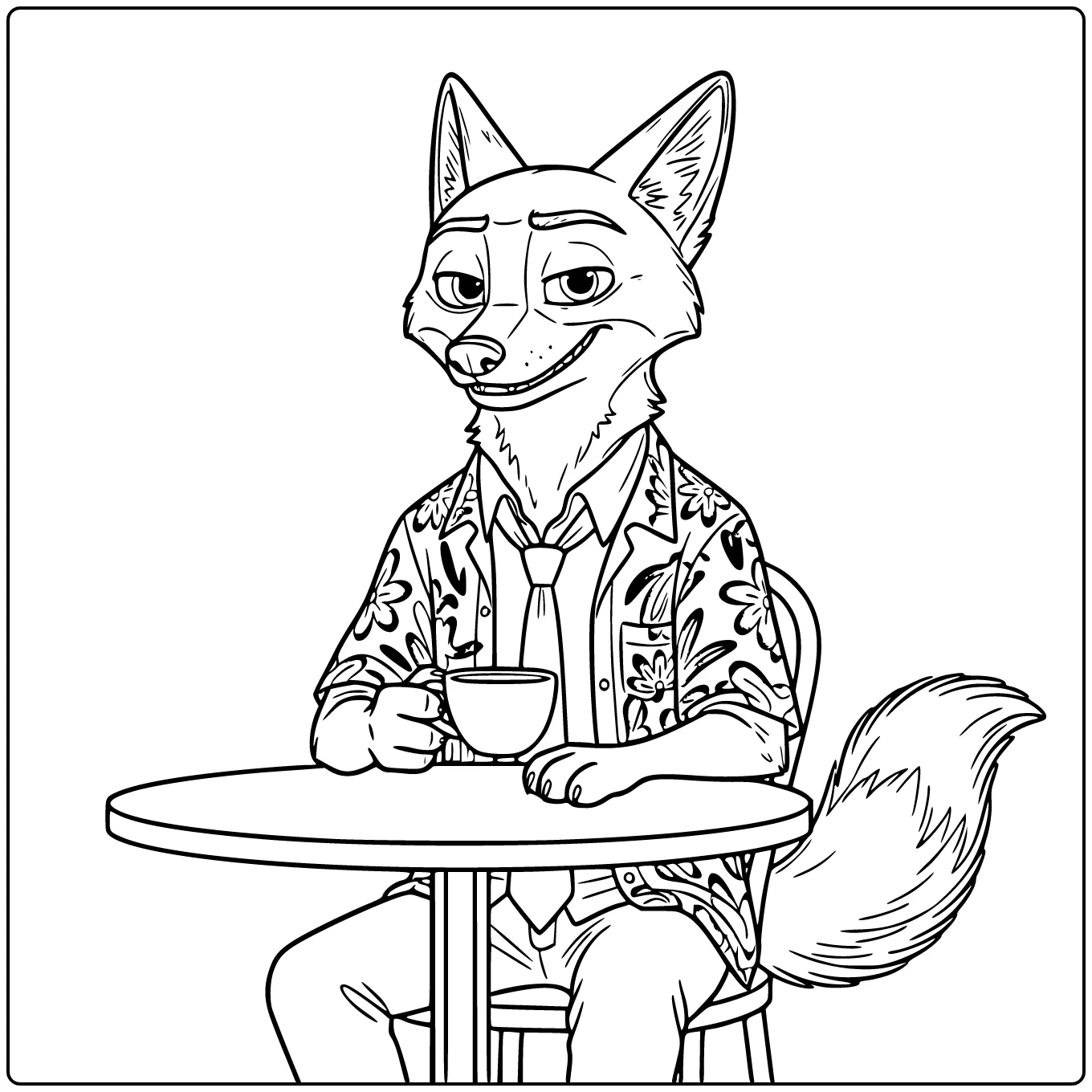 Nick Wilde Kleurplaat aan cafétafeltje met kopje en sluwe glimlach