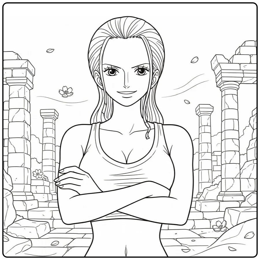 Nico Robin kleurplaat met gekruiste armen en glimlach