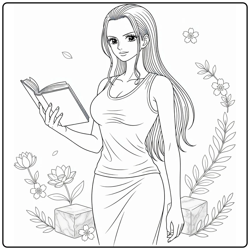 Nico Robin kleurplaat: gracieus met open boek en bloemen