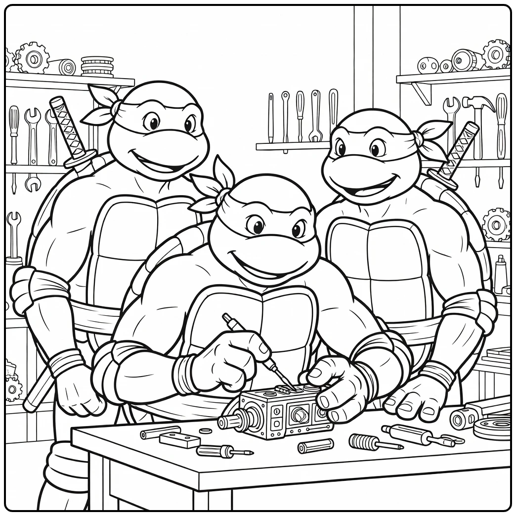 Ninja Turtles kleurplaat: Donatello bouwt gadget met Leo en Mikey