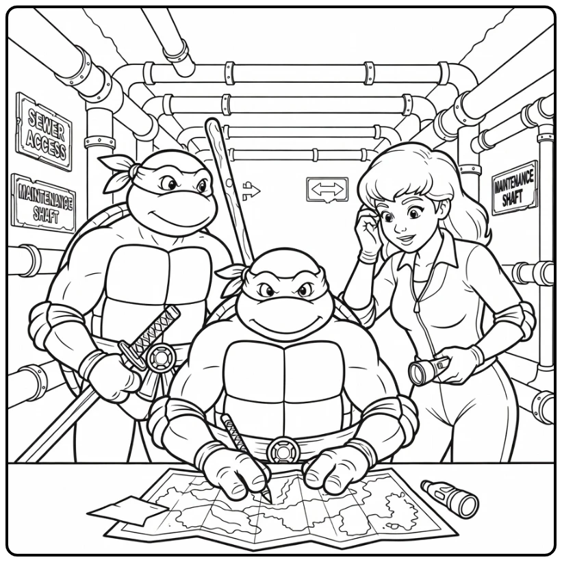 Ninja turtles kleurplaat: Donatello bestudeert mysterieuze kaart met Leonardo en April