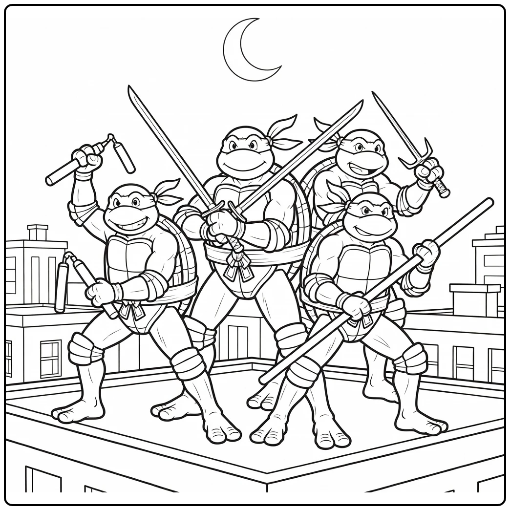 Ninja turtles kleurplaat: Leonardo leidt turtles op daken met maan