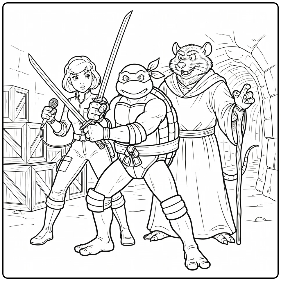 Ninja turtles kleurplaat: Leonardo bewaakt April en Splinter