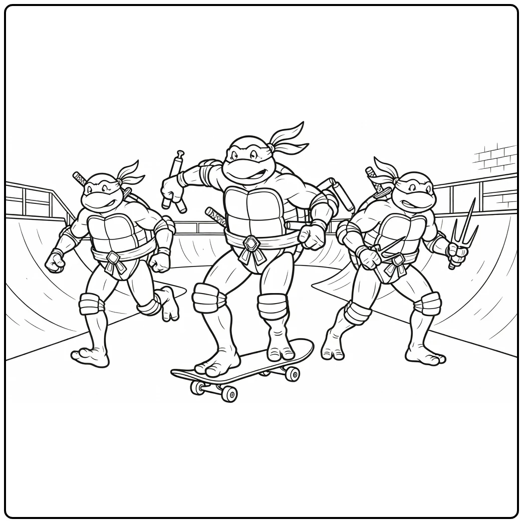 Ninja Turtles kleurplaat: Michelangelo skateboardt met Leo en Raph