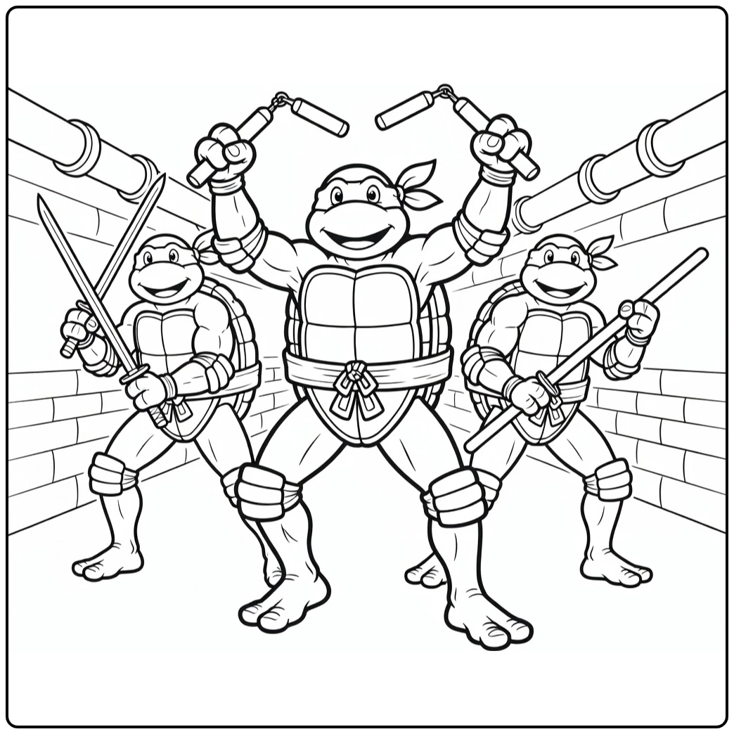 Ninja turtles kleurplaat: Michelangelo met nunchaku's in actie