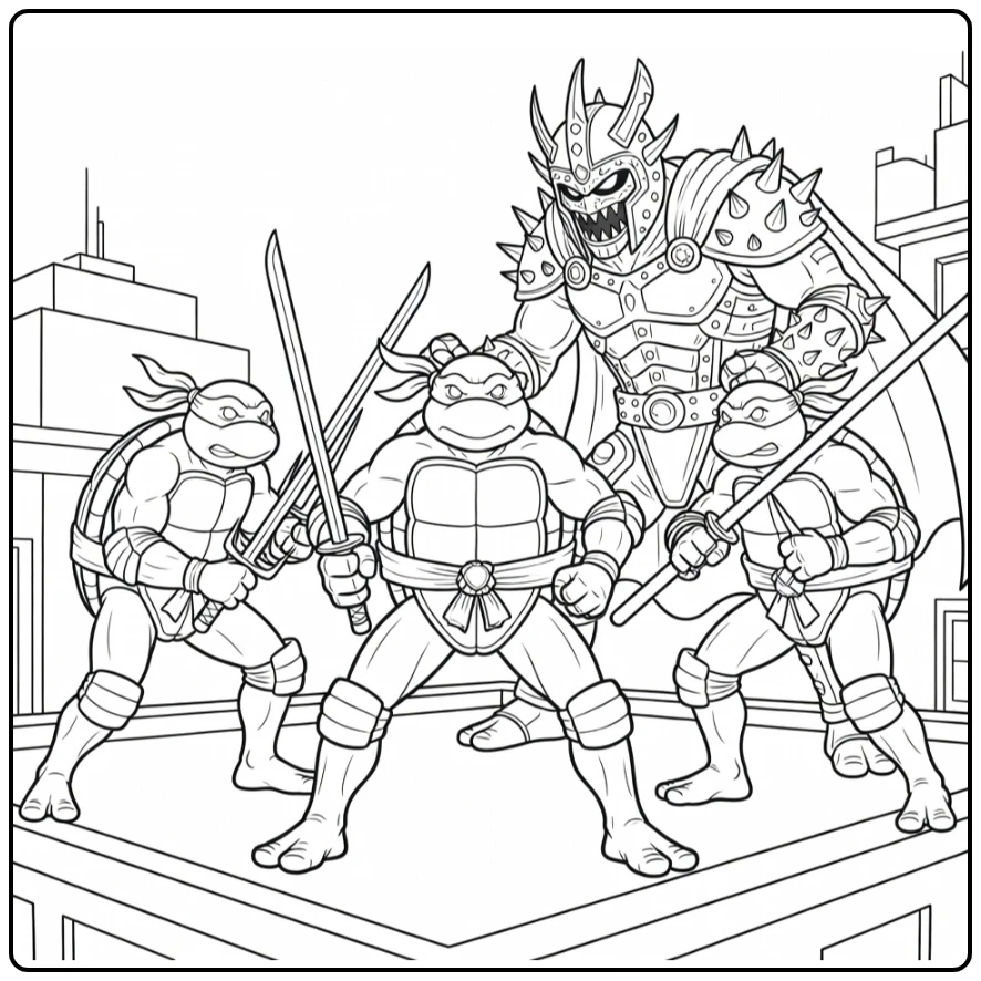 ninja turtles kleurplaat: Leonardo vs Shredder op dak